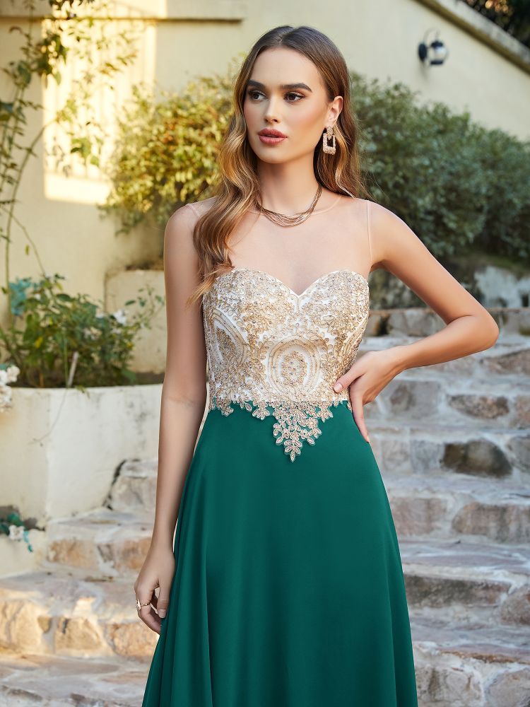 Sleeveless Lace Appliques Long Prom Dresses Chiffon Evening Party Gown