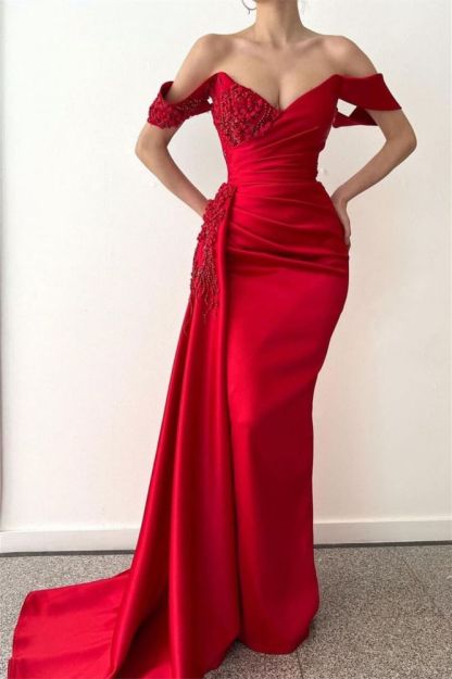 Red Off the shoulder Cap sleeves Long Prom Dresses