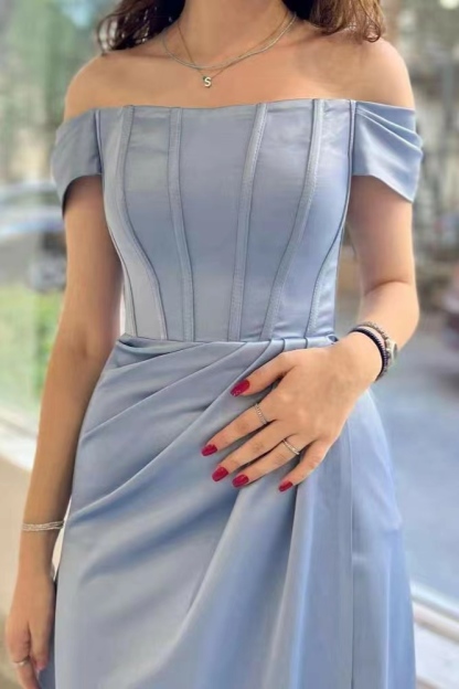 Dusty Blue Off the shoulder High Split Long Prom Dresses