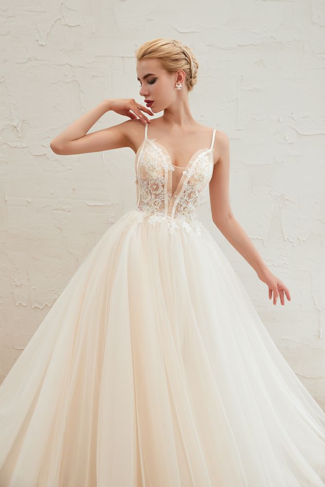 Boho Spaghetti Straps Ivory Ball Gown Wedding Dress | Romantic Bridal Gowns for Sale