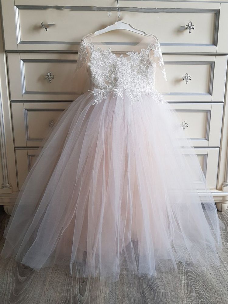 Short Sleeves Princess Flower Girl Dresses Floral Lace Appliques Blushing Pink Formal Dress for Girl