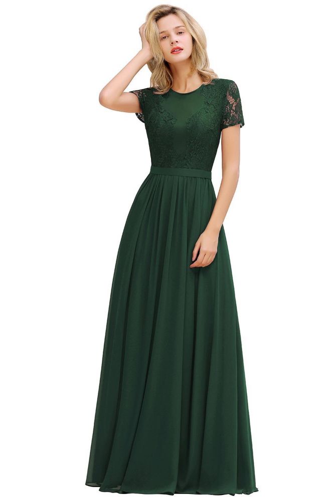 Abraham | Burgundy Short Sleeve Lace Simple Chiffon Formal Dress, Pink, Dark Green