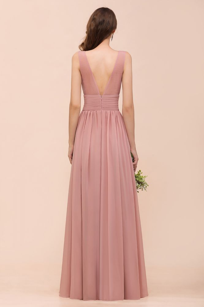 Dusty Pink Suqare Neck Aline Bridesmaid Dress Sleeveless Evening Party Dress