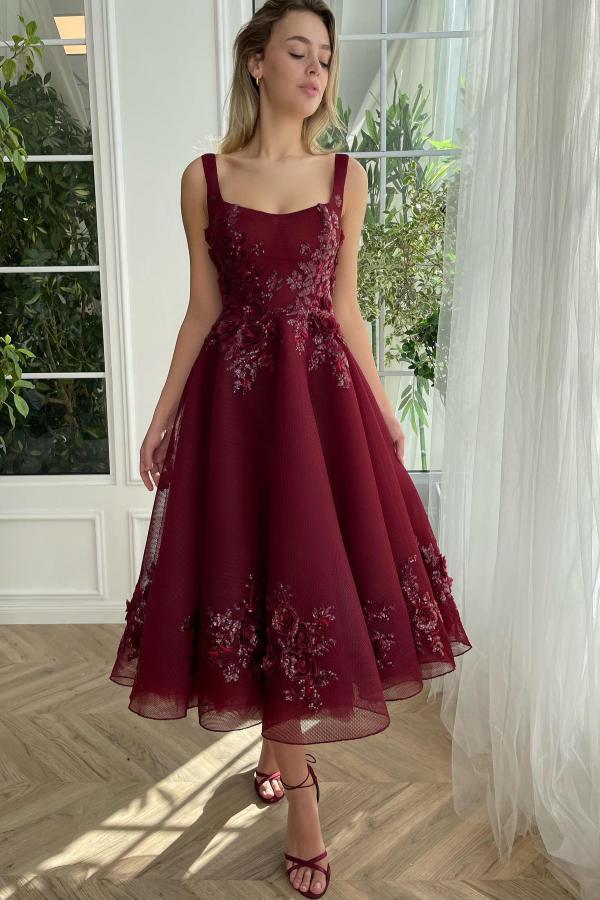 Burgundy Ankle length square neck Homecoming Dress
