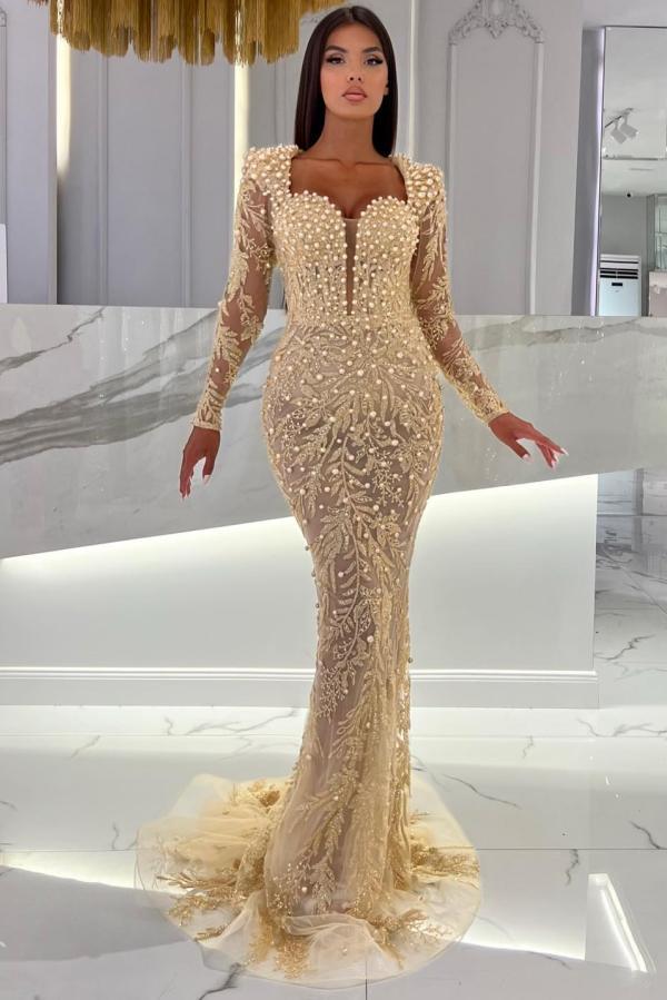 Champange mermaid long sleeves sweetheart prom dress with tulle overskirt