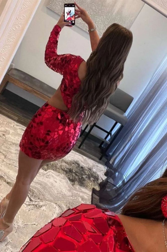 Charming Mirror-Cut Sequins Long Sleeve Homecoming Dress Short One Shoulder Party Dress
