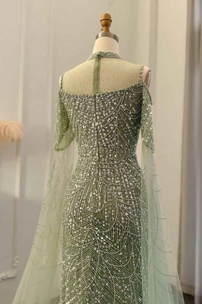 Luxury Shiny Beading Halter Dubai Mermaid Evening Gown Cape Sleeves Floor Length Party Dress