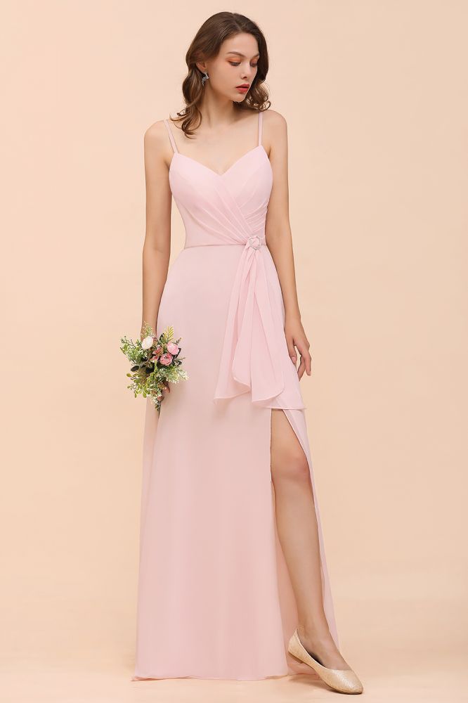 Spaghetti Straps Pink Chiffon Wedding Party Dress Sleeveless Long Bridesmaid Dress
