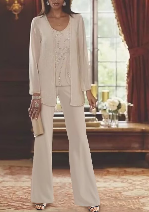 Ivory Long Sleeves Jumpsuit Mother-the-Bride Dress