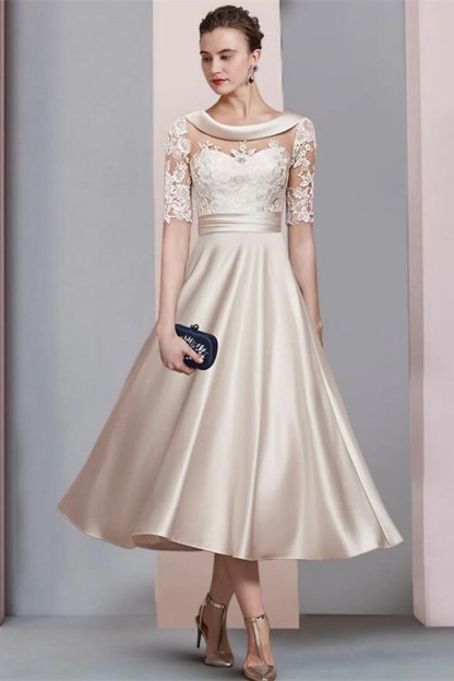 Elegant Ivory Jewel Lace Beading A-Line Tea Length Satin Wedding Dress Formal Dress