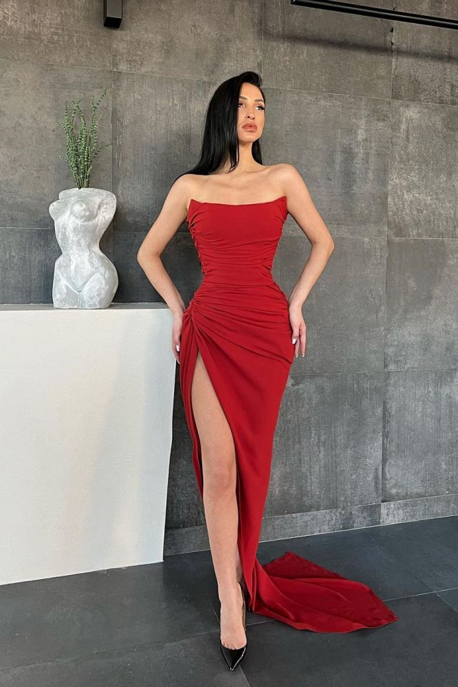 Burgundy Mermaid Court Train Strapless Prom Dresses