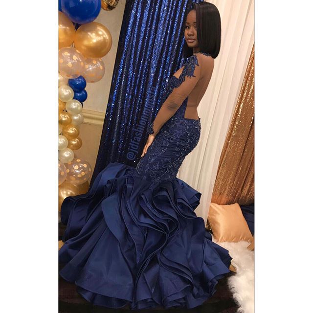 Beads Appliques Ruffles Prom Dresses | Fit and Flare Sheer Tulle Evening Gowns