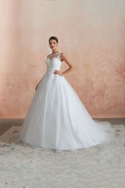 Cain | Illusion Neck White Wedding Dress with exqusite Lace Appliques, Sleeveless V-back Bridal Gowns Online-Babyonlinewholesale