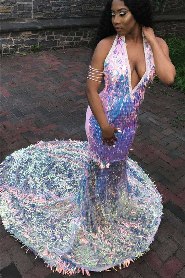 Shinny Halter V-neck Fish Scale Sequins Mermaid Sweep Train Prom Dresses Shinny Halter V-neck Fish Scale Sequins Mermaid Sweep Train Prom Dresses
