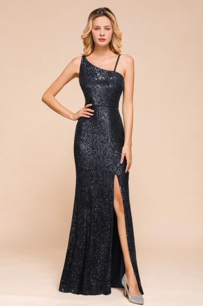 Timeless Black Sequined One shoulder Column High Split Prom Dress