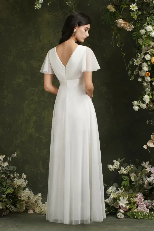 Short sleeves white chiffon bridesmaid dress
