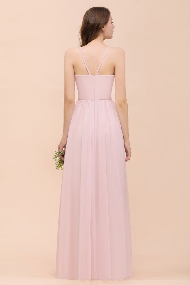 Dreamful Pink Halter Chiffon Evening MAxi Dress Sleeveless Bridesmaid Dress