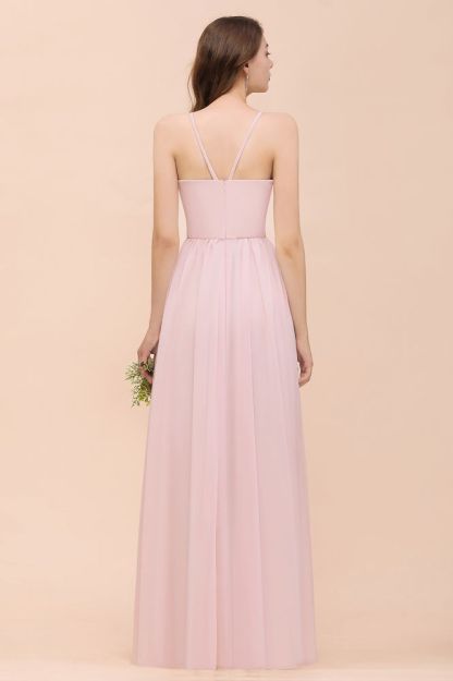 Dreamful Pink Halter Chiffon Evening MAxi Dress Sleeveless Bridesmaid Dress