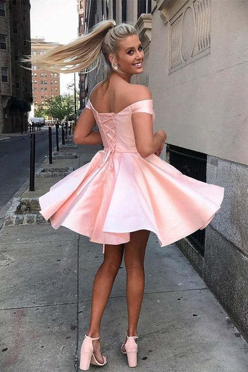 Chic Off-the-Shoulder Satin Aline Short Dress for Party Girl Knee Length Homecoming Dresses