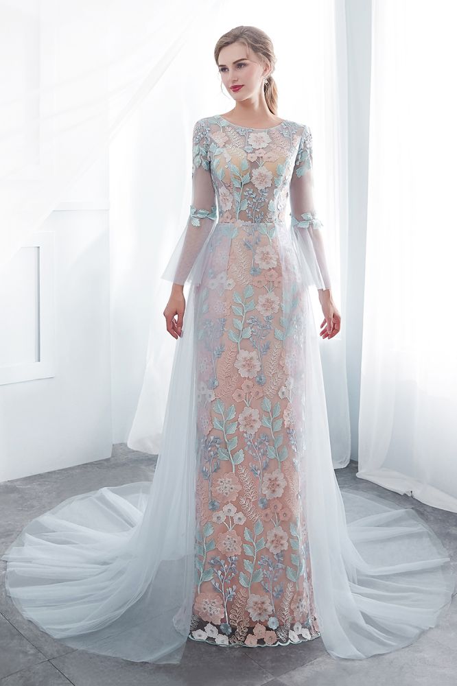 NAOMI | Sheath Long Sleeves Sheer Neckline Appliqued Flowers Evening Dresses