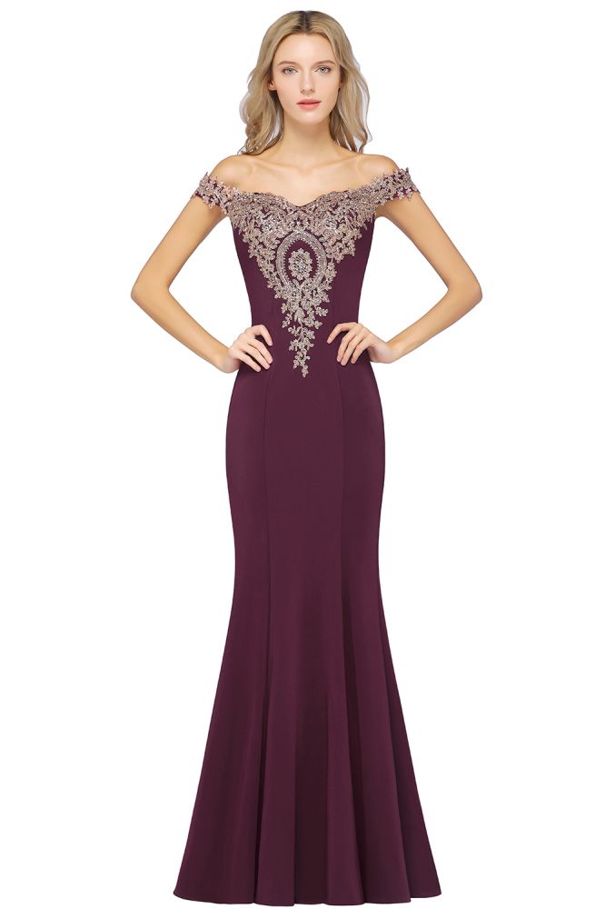 Simple Off-the-shoulder Burgundy Formal Dress with Lace Appliques