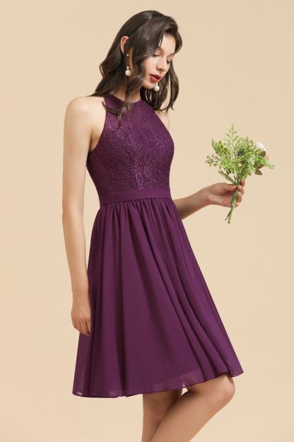 Halter Purple Lace Short Wedding Party Dress Sleeveless Chiffon Maid of Honor Dress