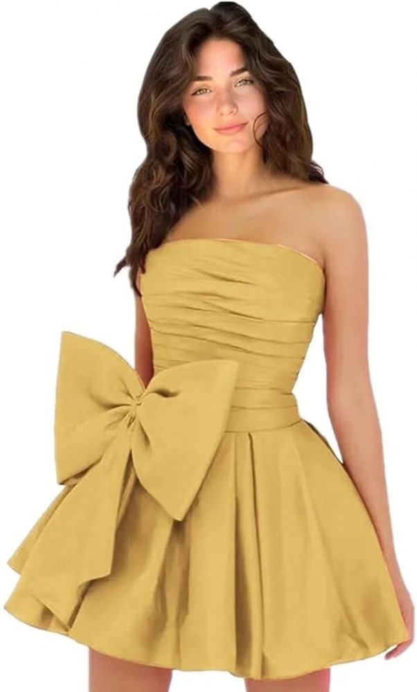 Chic Ruched Satin Short Homecoming Dresses Strapless Knee Length Party Dress with Bow