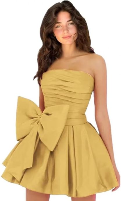 Chic Ruched Satin Short Homecoming Dresses Strapless Knee Length Party Dress with Bow