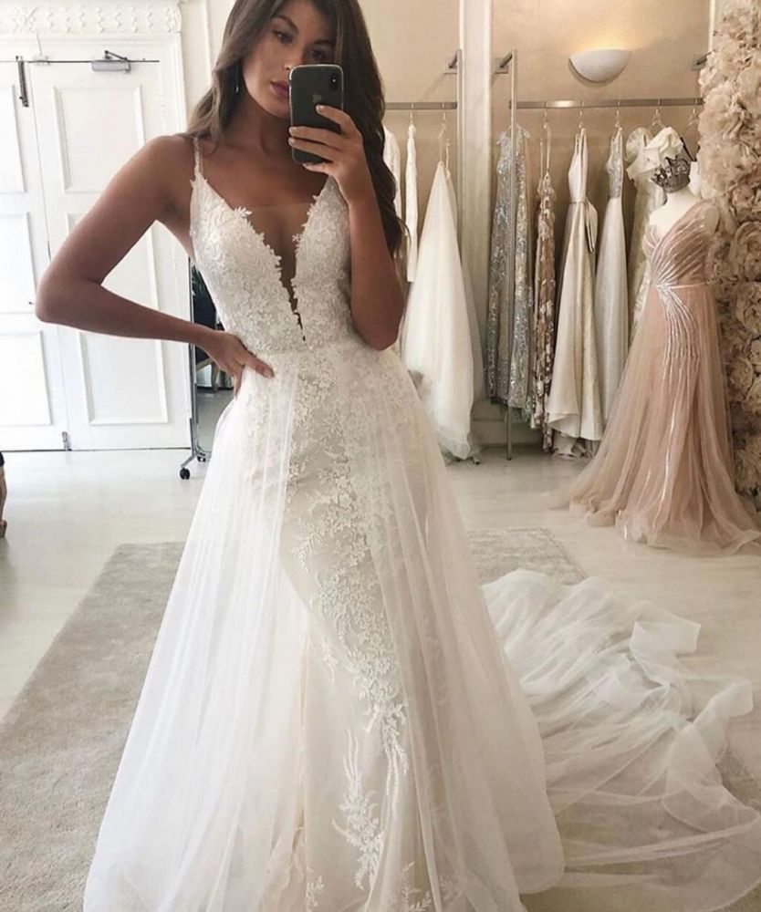 White/Ivory Mermaid Garden Bridal Gown Wedding Dress V-Neck Straps Detachable Train