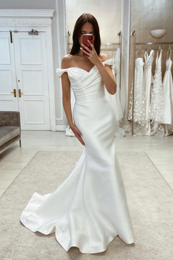 Off the shoulder Shiny White Column Long Wedding Dresses