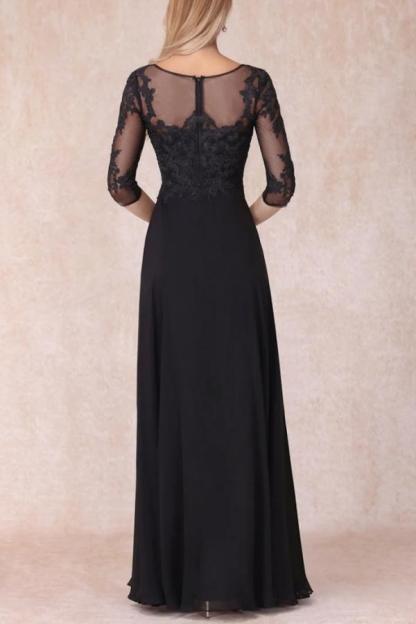 Black Lace sleeves A-line Floor length Evening Dresses