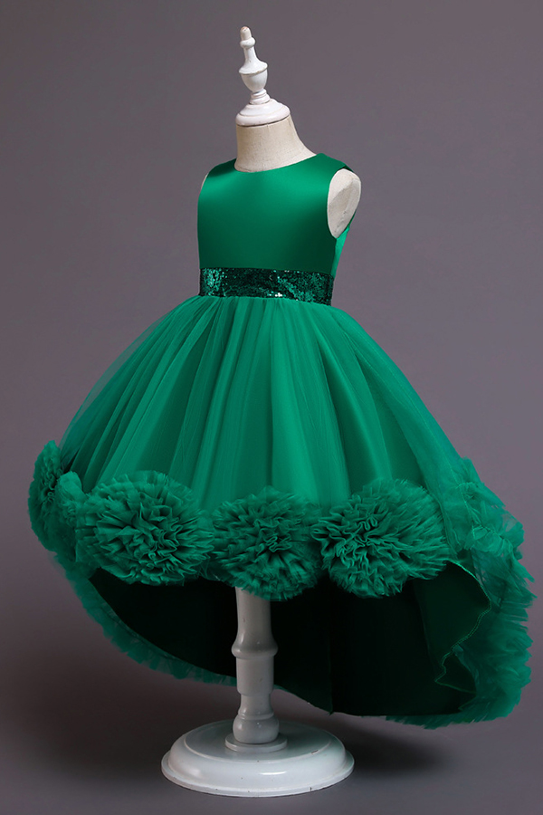 Dark green tulle sleeveless high low flower girl dress