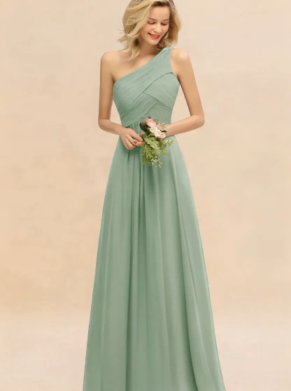 Elegant Ruffles One Shoulder Prom Dresses | A-Line Sleeveless Evening Dresses