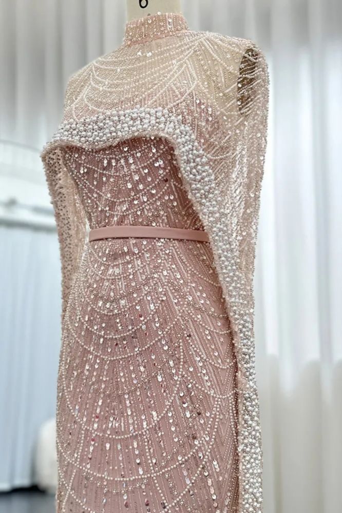 Luxury Pearls Dubai Mermaid Evening Dress with Cape Sleeves Seequined Floor Length Party Dress