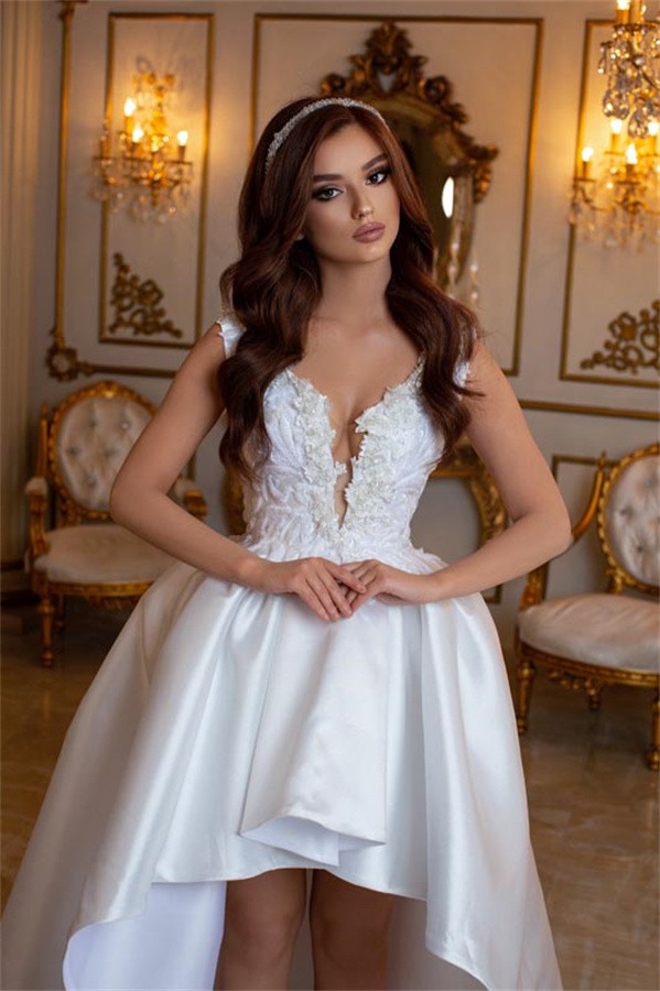 Chic V-Neck Straps Sleeveless Hi-Lo Satin Wedding Dress