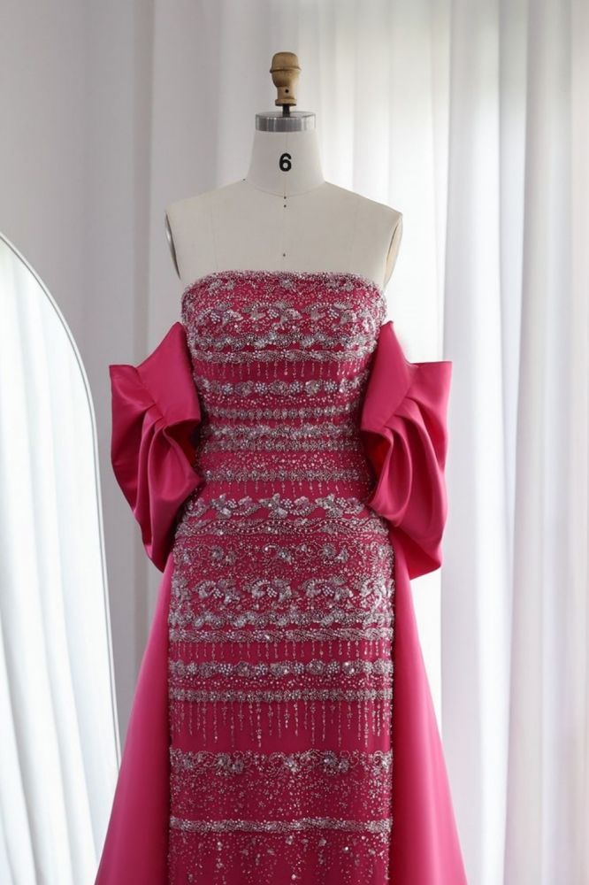 Gorgeous Strapless Glitter Beading Satin Mermaid Evening Gown with Ruffle Chapel Train