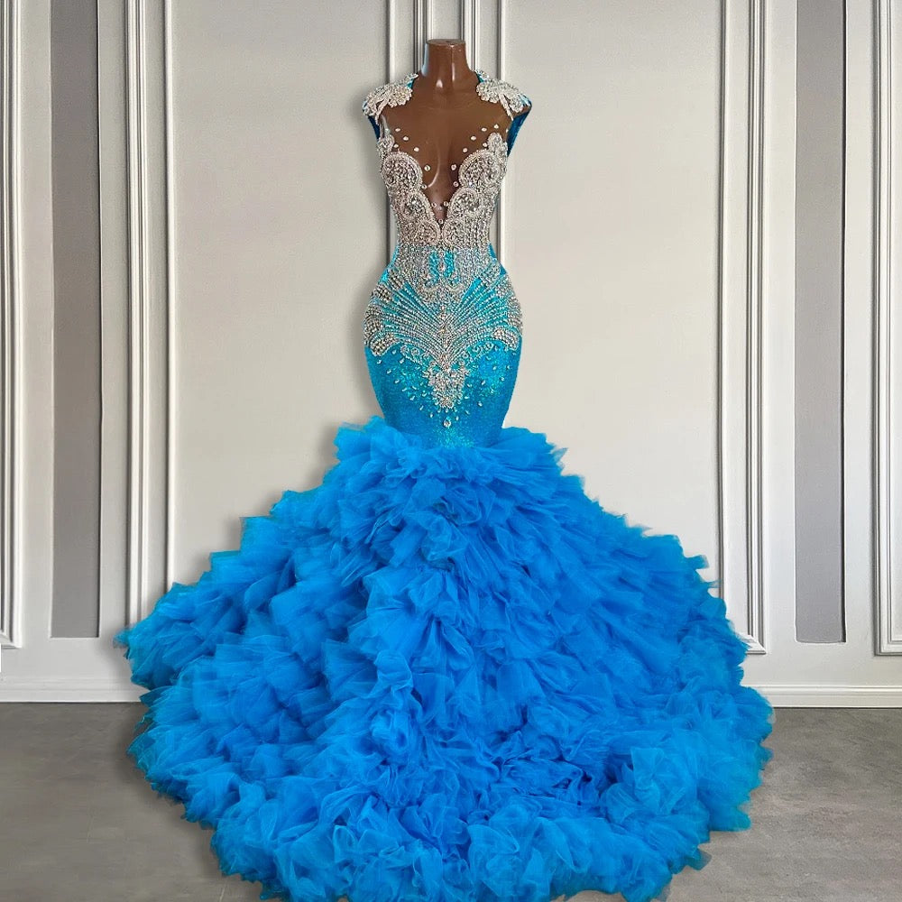 Cap sleeves Blue Ruffles Silver Beaded Prom Dresses