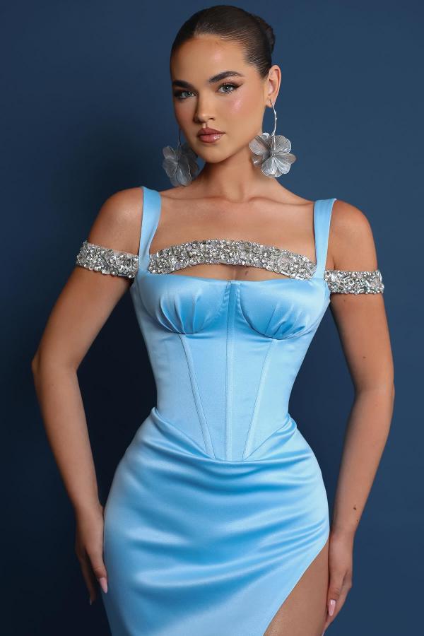 Sexy Sweep Train Off-The-Shoulder Mermaid Satin Prom Dresses with Slit