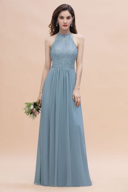 Halter Floral Lace Wedding Guest Dress Sleeveless Chiffon Long Formal Dress