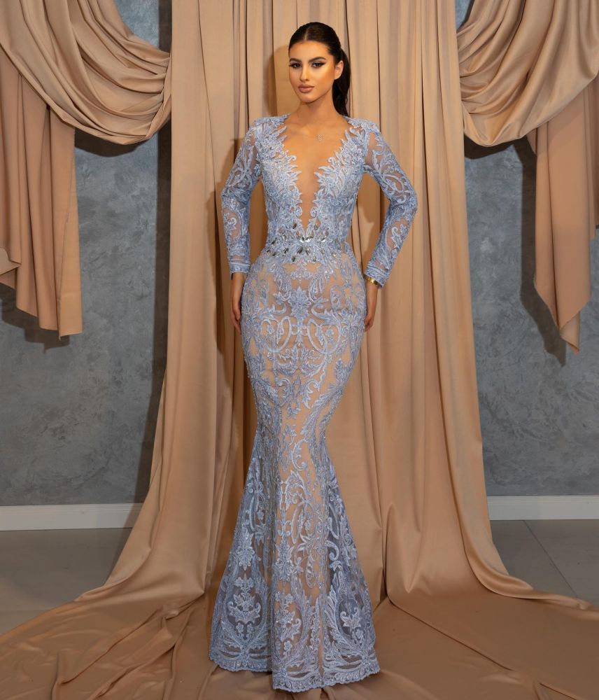 Dusty blue v-neck long sleeves mermaid prom dress with overskirt