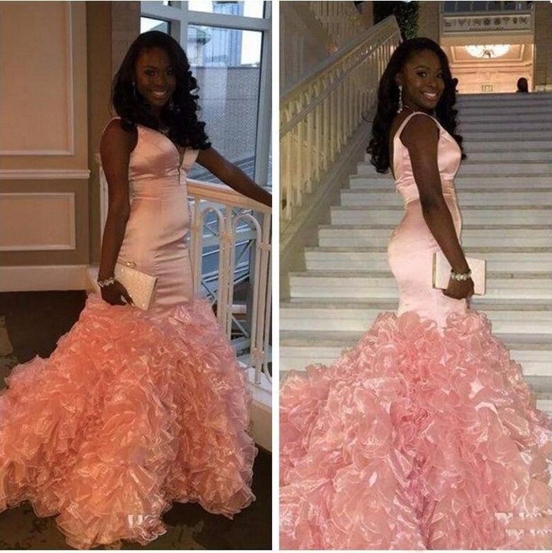 Glamorous Mermaid Ruffles Sleeveless Pink V-neck Prom Dress