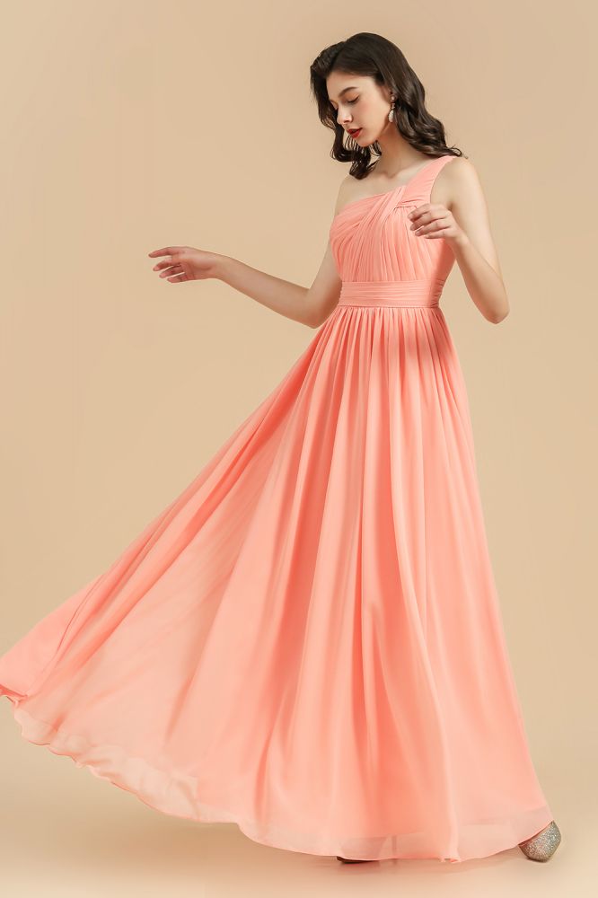 Pleated Chiffon One-Shoulder Bridesmaid Dress Sleeveless Long Wedding Party Dress