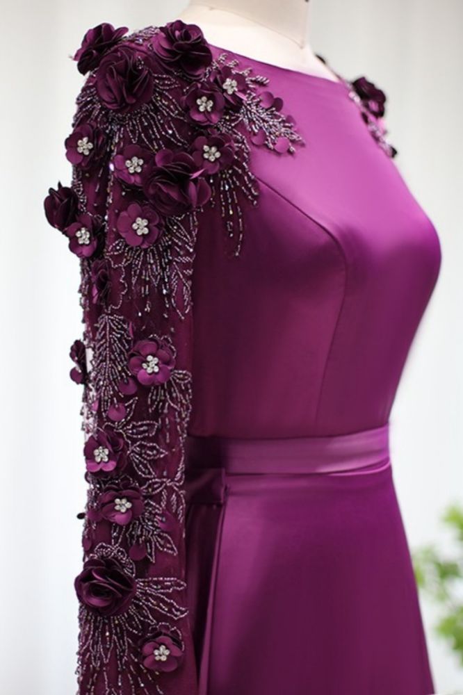 Gorgeous Long Sleeves Satin Mermaid Evening Party Gown 3D Flower Beadings Long Wedding Party Gown with Sweep Train-Babyonlinewholesale