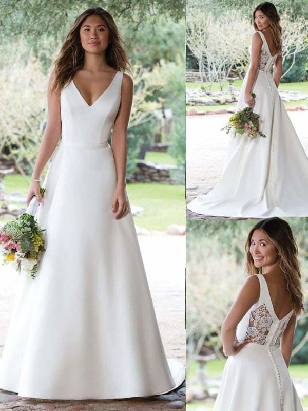 V-neck White Satin A-line Wedding Dresses