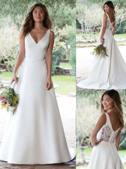 V-neck White Satin A-line Wedding Dresses