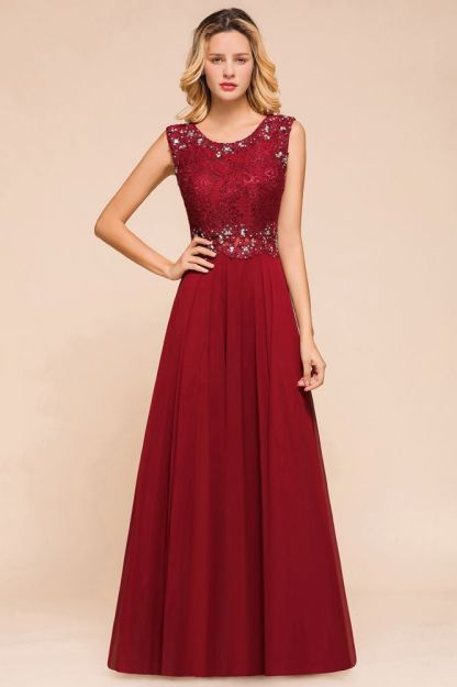 Arla | Trendy Round neck Beaded Burgundy Lace Bridesmaid Dress with Belt