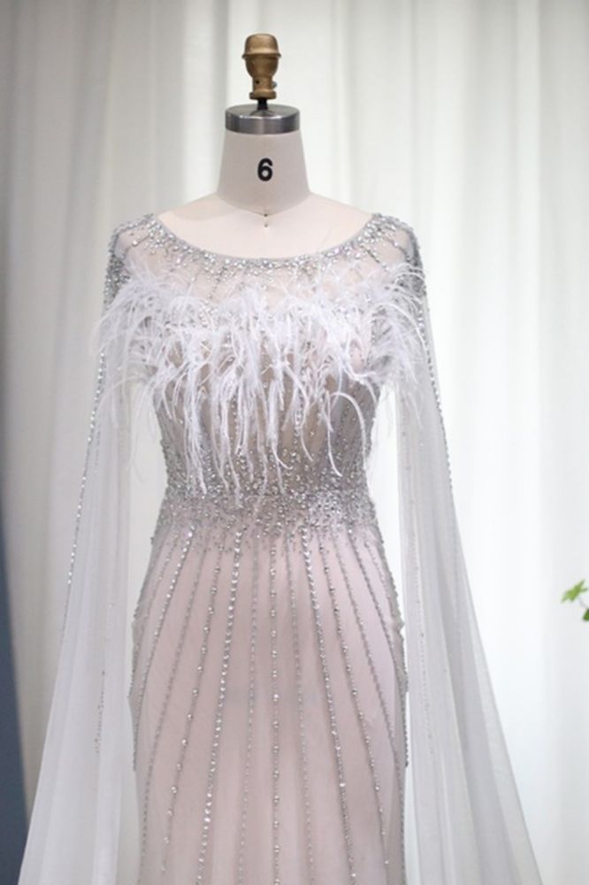 Gorgeous Scoop Neck Sequins Mermaid Evening Dress Dubai Cape Sleeves Fur Long Formal Dress