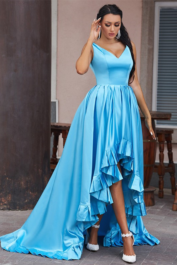 V-neck Sky Blue High low Sleeveless Satin Prom Dresses