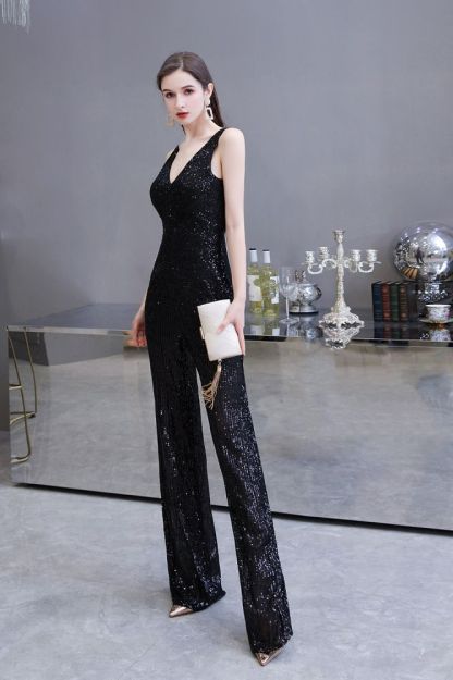 Sexy Shining V-neck Silver Sequin Sleeveless Prom Jumpsuit