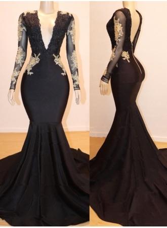 Long sleeves V-neck Black Prom Dresses with Gold Appliques